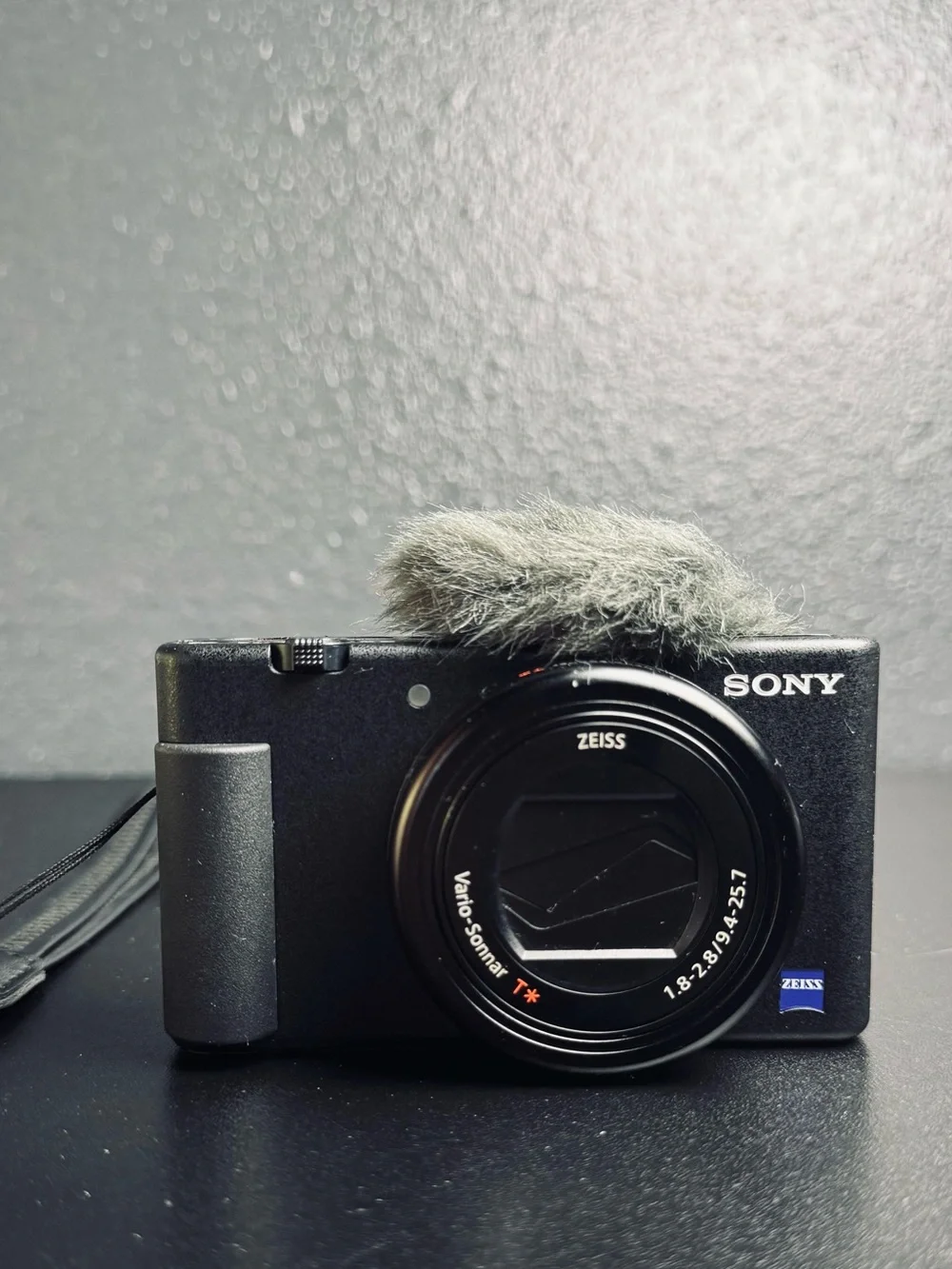 Sony Black Compact Digital Camera with Zeiss Lens and Wind Muff